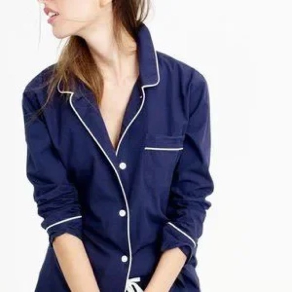 J. Crew Cotton Sleep Shirt with Chest Pocket, Navy with White Piping, Size S - Picture 2 of 13